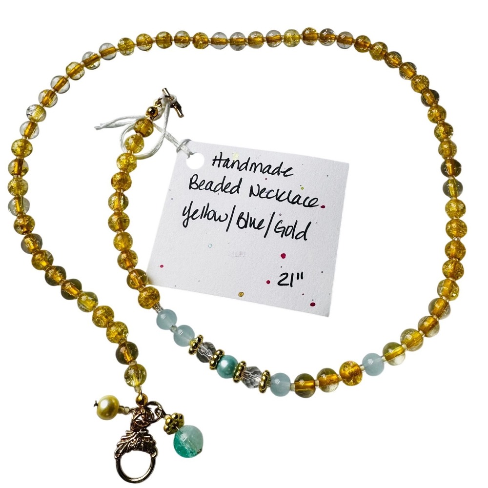 Handmade Beaded Necklace Womens‎ 21in Yellow Blue Gold Toggle Clasp